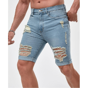 Shorts en jean décontractés extensibles pour hommes, nouvelle mode estivale, bleu/noir uni, écologiques, service OEM, taille haute avec cordon de serrage - Product Image 3