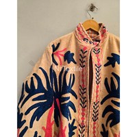 Veste polaire brodée palmiers pour femme, coupe ample, col mandarin, motif floral, style ouvert, pour l'automne