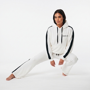 <b>Women's</b> <b>White</b> Hooded Tracksuit Set With Black Side Stripes Loose Fit Full Length Sweatshirt And <b>Jogger</b> Pants Solid Color Casual - Product Image 4
