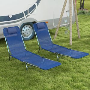 Set di 2 Sdraio Pieghevoli Blu Scuro con Schienale Reclinabile, Lettini Prendisole in Ferro con Seduta in Rete Traspirante e Poggiatesta Confortevole per Hotel - Product Image 2