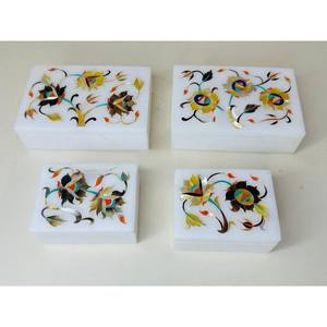 Semi-Persicos hecho a mano incrustaciones de mármol blanco calidad al por mayor almacenamiento de joyas caja rectangular mejor precio hermosa caja de accesorios - Product Image 1