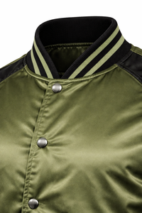 Veste de sport en satin vert pour homme avec manches noires, col rabattu, fermeture à boutons, vêtement décontracté pour l'automne - Product Image 5