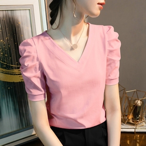 Camiseta de Satén para Mujer, Cuello en V, Manga Corta Abullonada, Color Sólido, Elegante, Corte Ajustado, Primavera/Verano - Product Image 4