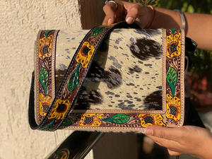 Real Handcrafted Tooled Metallic Fur <b>Leather</b> Handbag Western Women Hobo Crossbody Purse Custom Genuine <b>Leather</b> Shoulder Bag - Product Image 2