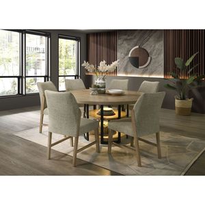 Eden 7Pc 59 \ "Set da pranzo rotondo in rovere rustico a LED struttura in metallo nero chiaro con mensole sedie in lino Beige per la vostra sala da pranzo - Product Image 1