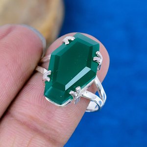 Handmade Green Onyx Gemstone Coffin Shape <b>Ring</b> 18k Gold Micron Over 925 Sterling <b>Silver</b> - Product Image 3