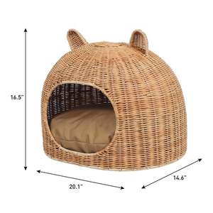 Niche pour chat en rotin en forme de dôme, avec oreilles d'ours mignonnes, panier-lit en osier pour chat, nid de sommeil fermé pour chien d'intérieur avec coussin moelleux - Product Image 4