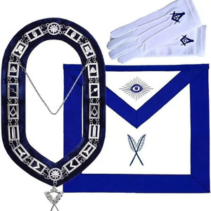 Ensemble de collier maçonnique, tablier et gants, bleu et blanc, en métal plaqué argent, avec compas carré gravé et Œil qui voit tout - Product Image 1