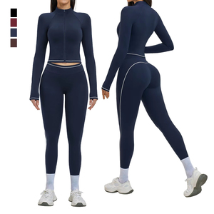 Women's Solid 3-Piece Seamless Breathable Yoga Set <b>Zip</b>-<b>Up</b> Crop Jacket Sports Bra High-Waist Leggings Front Logo Four-Way Stretch - Product Image 3