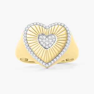 Bague signet cœur cannelé en or massif 10k 14k 18k, sertie de diamant solitaire de laboratoire taille ronde pavé, bijou de luxe pour le petit doigt - Product Image 5