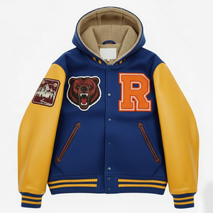 <b>High</b> Quality <b>Leather</b> Sleeves Embroidered Logo Letterman Hooded Jacket <b>Top</b> Seller Hip Hop Streetwear Baseball Jackets For Men - Product Image 1