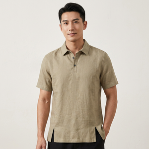 Camisa de Manga Corta para Hombre, Color Sólido, Tela de Lino, Transpirable, Estilo Vintage, Diseño con Bolsillo, Largo Regular, 180g - Product Image 3