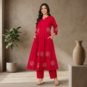 Knee -Length <b>Kurti</b> With Floral Embroidery Loose Fit Traditional Indian Pakistani <b>Women</b> Casual Wear Se - Product Image 1