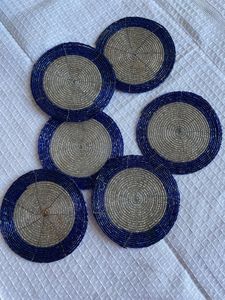 Set of 6 Vintage Beaded <b>Coasters</b>, Blue <b>Silver</b> Tribal Boho Decor - Product Image 4