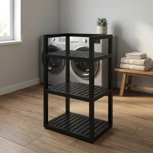 Minimalist 3 Tier Black Solid Wood Storage Shelf for Bathroom Space Saving Design Wooden Spa <b>Tower</b> Bathroom Furniture - Product Image 2