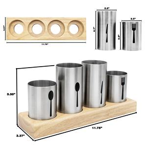 Portautensilios cilíndrico de cuatro compartimentos con base de madera, perfecto para oficina, cafetería y organizador de mesa de comedor formal, de la India. - Product Image 6