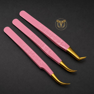 Custom Logo <b>Pink</b> Eyelash Extension Tweezers <b>Set</b> Gold Stainless Steel Lash Tweezers Professional Beauty Salon <b>Tools</b> - Product Image 5