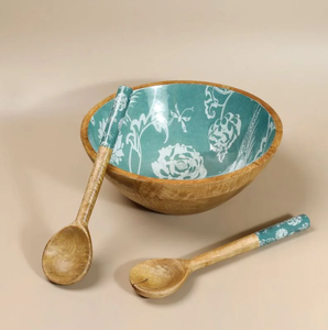Cuchara de madera con estampado de esmalte y tazón, utensilios de cocina, cuchara para mezclar con interior de esmalte floral y cucharas a juego - Product Image 1