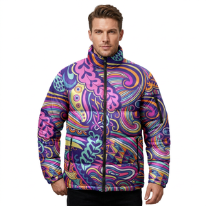 Chaqueta Acolchada para Hombre con Estampado Paisley Colorido, Cuello Alto, Cierre de Cremallera, Resistente al Viento, Informal, para Invierno, de Poliéster/Algodón, Larga - Product Image 4