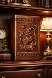 Hand Carved Wooden Cremation Urn for Pet Deer Fish Hunting Theme Eco-Friendly <b>Memorial</b> <b>Box</b> - Product Image 5