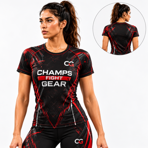 เสื้อรัดกล้ามเนื้อแขนสั้นสำหรับผู้หญิงแบบ OEM สำหรับ MMA มวยไทย บราซิลเลียนยิวยิตสู ยิวยิตสูแบบต่อสู้ แห้งเร็ว เหมาะสำหรับการฝึกศิลปะการต่อสู้และกีฬา - Product Image 1
