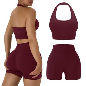 Women Plus Size Solid Stretchy Compression Gym Fitness Yoga Wear Backless Halter Bra Breathable High Waist Leggings 2-Piece Set - Product Image 1