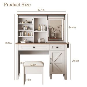 Farmhouse Makeup Vanity Desk with Multilayer Storage Shelves Sliding Mirror Lights Hairdryer Holder Charging Socket - Product Image 4