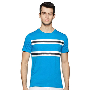 T-shirt rayé à manches courtes pour homme, col rond, coupe classique, haut tricoté décontracté, pantalon bleu et blanc, baskets - Product Image 1
