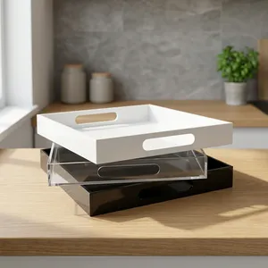 Wholesale CHISHENG Commercial Grade <b>Large</b> Rectangle Clear Polished Acrylic Durable <b>Serving</b> <b>Tray</b> Handles for Breakfast Decorative - Product Image 3