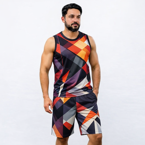 Men's Geometric Tank Top And <b>Shorts</b> Set Crew Neck Quick Dry Knitted <b>Polyester</b> Sporty Summer Outfit - Product Image 3