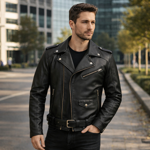 Chaqueta de cuero genuino de piel de oveja para hombre, estilo bomber, para motocicleta, color negro. - Product Image 6