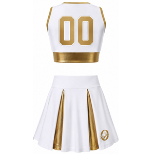 Ensemble d'uniforme de cheerleading sublimé blanc et jaune sans manches, haut court et jupe, tenue de sport pour l'entraînement et la performance - Product Image 2