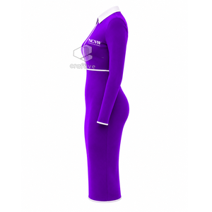 Vestido Midi Ajustado Morado para Mujer NCNW con Cuello Polo Blanco en Contraste, Manga Larga y Cierre de Cremallera, Estilo Casual - Product Image 3