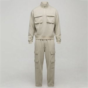 Nouvel ensemble de survêtement beige pour homme, demi-zip, manches longues, poches cargo, décontracté, pour l'automne, coupe classique, couleur unie, 100 % coton - Product Image 2