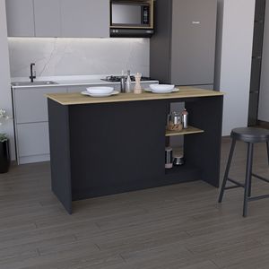 Black/Macadamia Kitchen Island with Large Countertop Double Door Cabinet <b>Open</b> <b>Storage</b> Shelves - Product Image 1