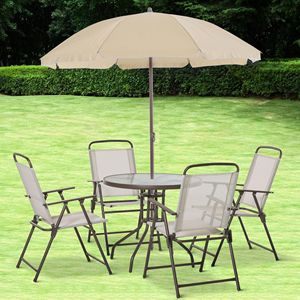 6 Piece Beige Outdoor Iron Furniture Set Patio <b>Dining</b> with Umbrella <b>Folding</b> Chairs and Glass <b>Table</b> for Meal Setup - Product Image 2