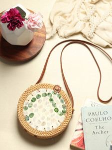 Sac fourre-tout décontracté en paille tressée, style boîte, vintage, rond, avec bandoulière en cuir PU, fermeture éclair et broderie - Product Image 5