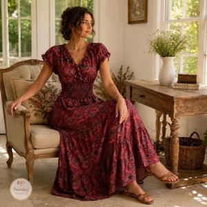 Vestido Maxi de Alta Calidad con Cuello en V y Estampado Floral, Mangas Abullonadas, Estilo Boho, Tejido de Punto Transpirable, Vestido Casual para Primavera y Otoño - Product Image 5