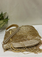 Pochette de soirée de luxe indienne, style Potli, à franges et pompons perlés dorés, entièrement artisanale, pour mariage, fête, mariée et occasions festives