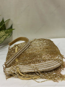 gold beaded fringe potli <b>bag</b> indian fully handcrafted for wedding party bridal festive Luxury Evening Statement clutch for women - Product Image 4