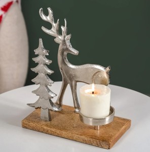 Christmas Deer & <b>Tree</b> Candle Holder – Metal Reindeer Tealight <b>Stand</b> with Wooden Base for Table Decor & Festive Decoration - Product Image 3