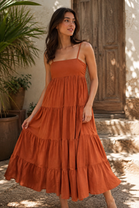 Vestido Maxi de Tirantes Finos en Degradado Naranja, 100% Algodón, Ecológico, Transpirable, Estilo Vintage, Casual, Veraniego, Bohemio, para la Playa - Product Image 5