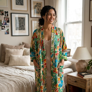 ชุดกิโมโนผ้าฝ้ายลายดอกไม้สีขาวสไตล์โบโฮ |   ชุดคลุมยาวทำมือสำหรับผู้หญิง |   ชุดเดรสคอวีแขนยาวสำหรับใส่ในรีสอร์ทที่เป็นมิตรต่อสิ่งแวดล้อม - Product Image 3