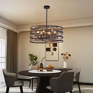 Lampadario a sospensione industriale rustico da 24 pollici a 6 luci, gabbia in metallo nero noce con accenti in legno per isole cucina o sala da pranzo - Product Image 2