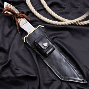 Cuchillo de caza artesanal de acero damasco y cobre San-Mai para exteriores con mango de asta de ciervo y guardacuchillo de acero, hoja fija de 8 pulgadas con punta caída - Product Image 6