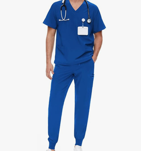 Vente en gros de tenues médicales personnalisées avec logo OEM pour hommes et femmes, comprenant un haut et un pantalon de jogging, en coton et polyester extensible, avec fonction de détection d'aiguilles - Product Image 1