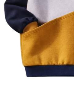 Sweat-shirt pour femme en molleton doux, colorblock bleu marine, moutarde et gris, col rond, décontracté, pull d'hiver avec détail brodé lion - Product Image 5