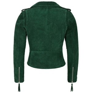 Women's Green <b>Suede</b> Moto <b>Jacket</b> Full Sleeve Turn-down Collar Zip Closure Short Length Autumn Style - Product Image 1