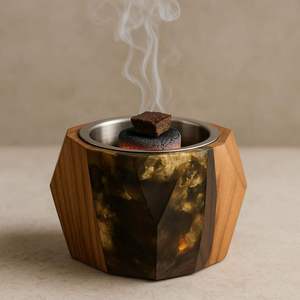 Luxury Hexagonal Wood and Resin <b>Bakhoor</b> Burner Geometric Incense Censer with Stainless Steel Bowl for <b>Oud</b> and Frankincense - Product Image 1