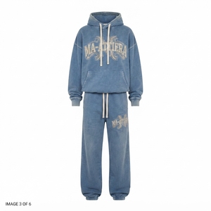 Custom <b>Women</b> Washed Blue Oversized Hoodie <b>Jogger</b> Set Cotton <b>Fleece</b> Streetwear Tracksuit OEM Wholesale - Product Image 3